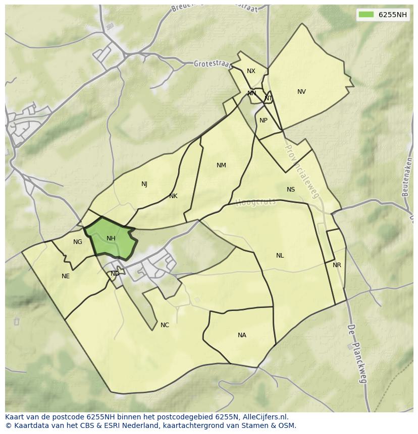 Afbeelding van het postcodegebied 6255 NH op de kaart.