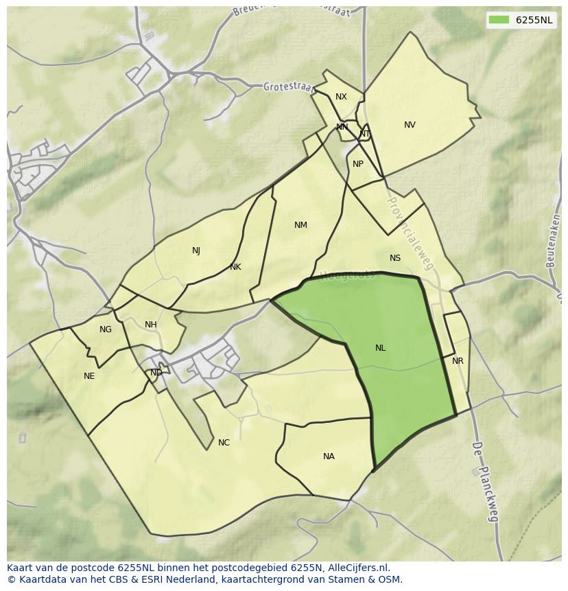 Afbeelding van het postcodegebied 6255 NL op de kaart.
