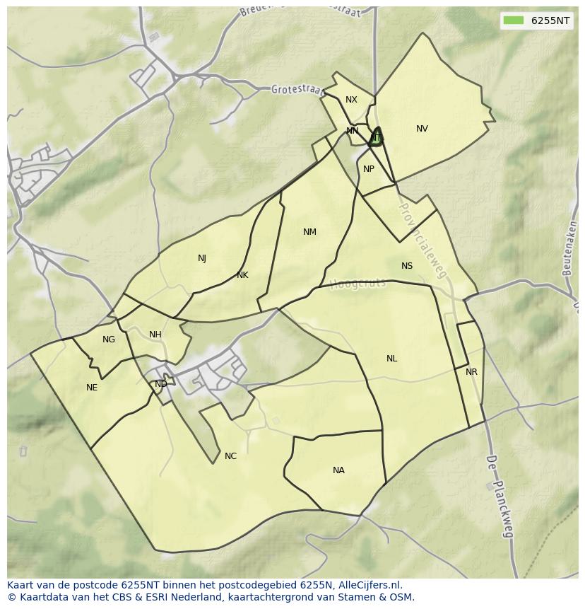 Afbeelding van het postcodegebied 6255 NT op de kaart.
