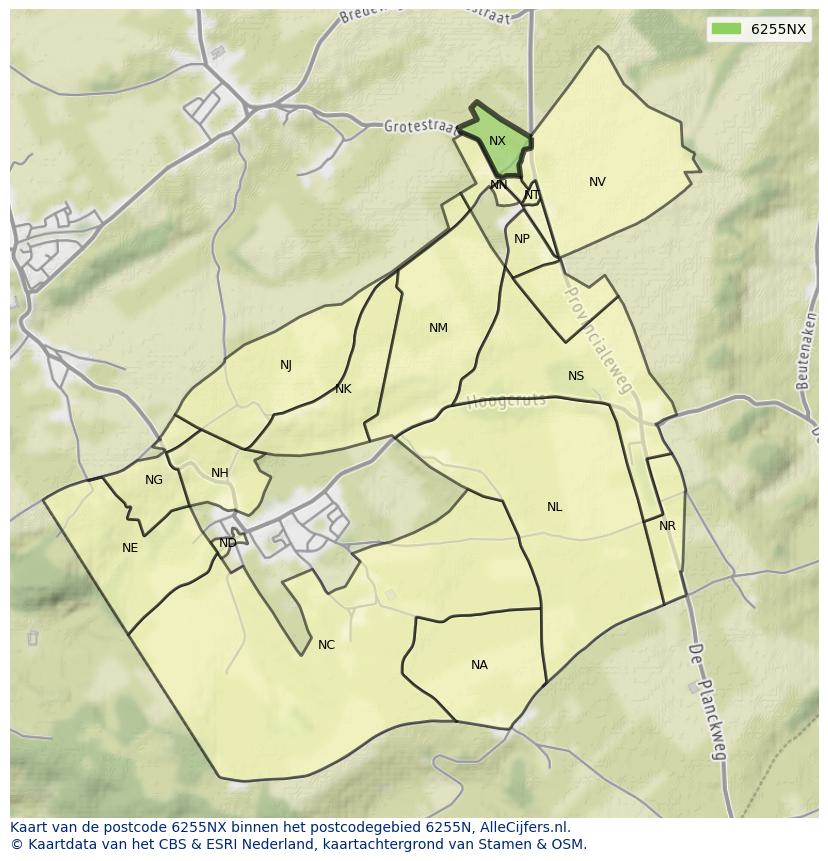 Afbeelding van het postcodegebied 6255 NX op de kaart.