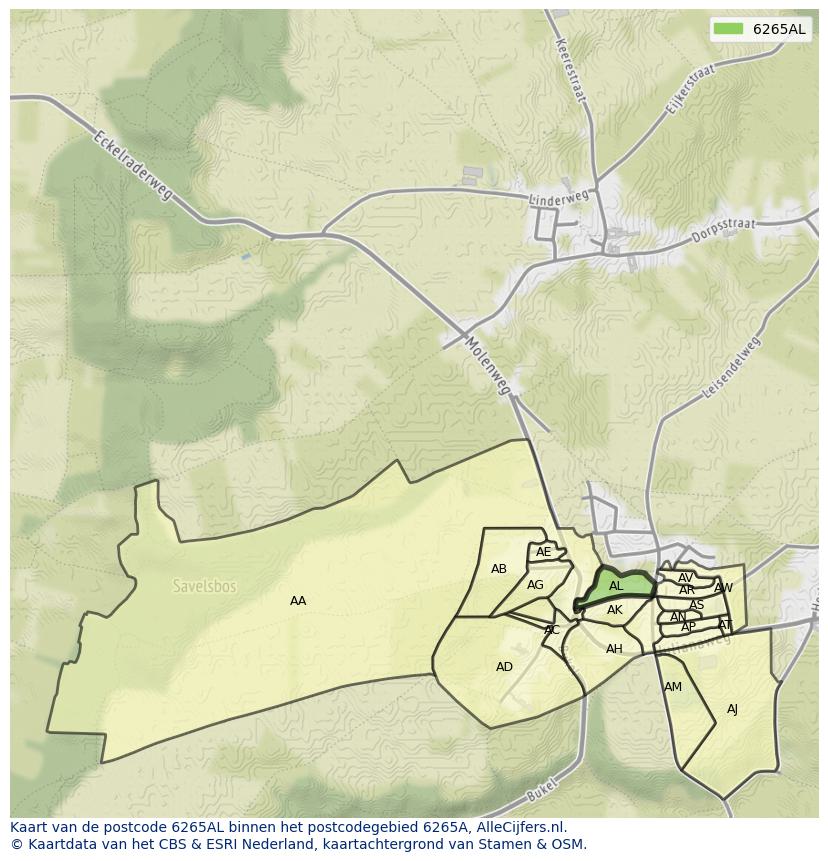 Afbeelding van het postcodegebied 6265 AL op de kaart.