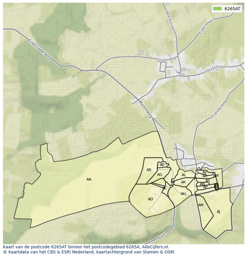 Afbeelding van het postcodegebied 6265 AT op de kaart.
