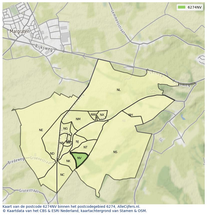 Afbeelding van het postcodegebied 6274 NV op de kaart.