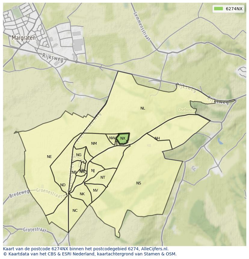 Afbeelding van het postcodegebied 6274 NX op de kaart.