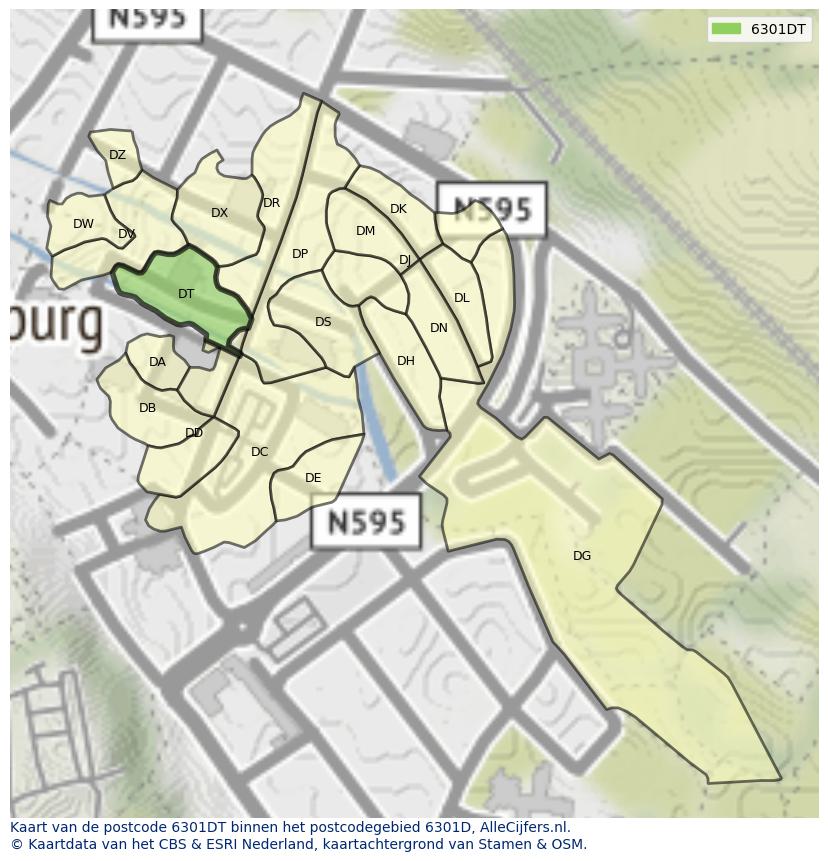 Afbeelding van het postcodegebied 6301 DT op de kaart.