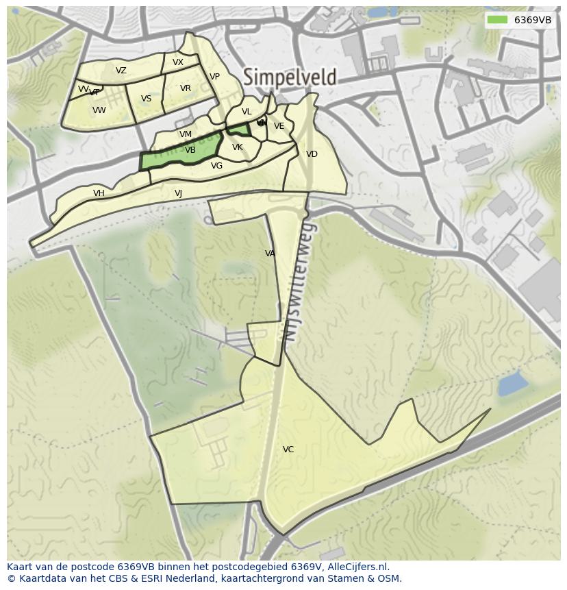 Afbeelding van het postcodegebied 6369 VB op de kaart.