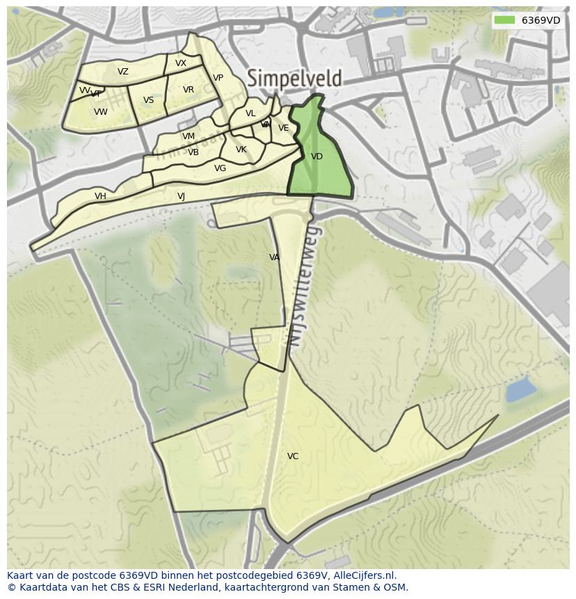 Afbeelding van het postcodegebied 6369 VD op de kaart.