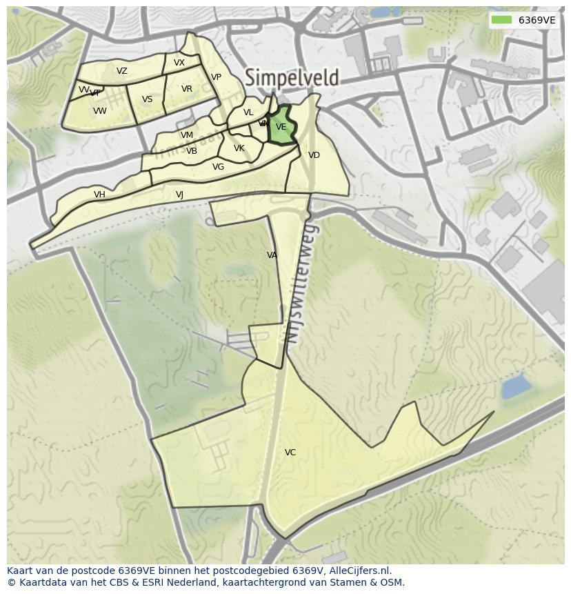 Afbeelding van het postcodegebied 6369 VE op de kaart.