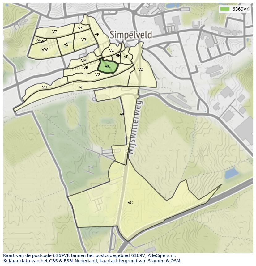 Afbeelding van het postcodegebied 6369 VK op de kaart.