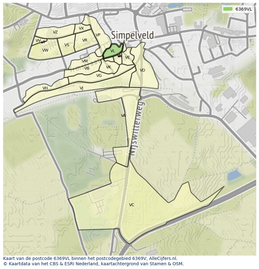 Afbeelding van het postcodegebied 6369 VL op de kaart.