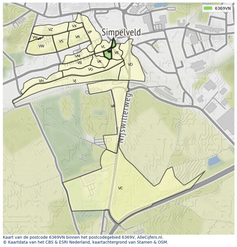 Afbeelding van het postcodegebied 6369 VN op de kaart.