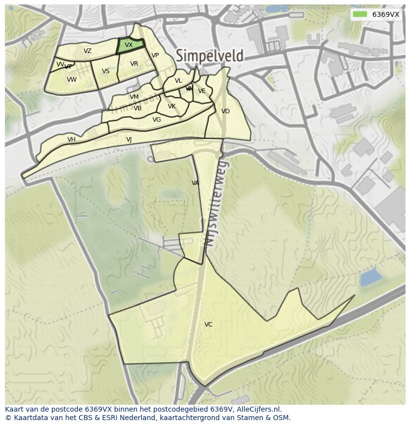 Afbeelding van het postcodegebied 6369 VX op de kaart.