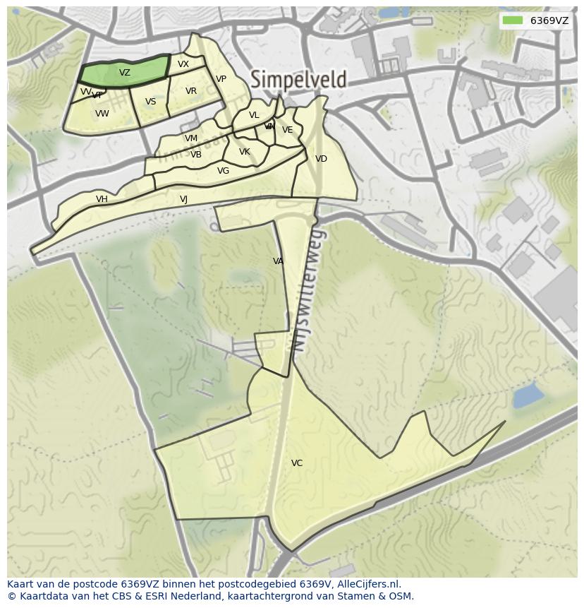 Afbeelding van het postcodegebied 6369 VZ op de kaart.