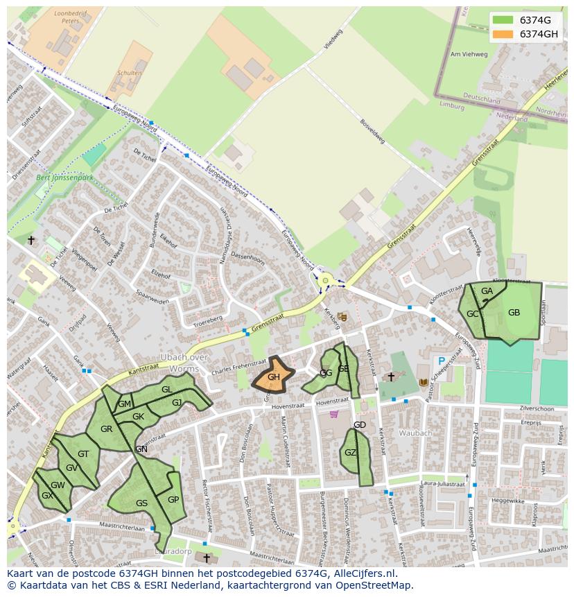 Afbeelding van het postcodegebied 6374 GH op de kaart.