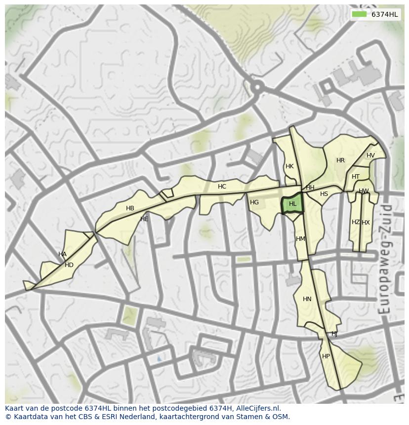 Afbeelding van het postcodegebied 6374 HL op de kaart.
