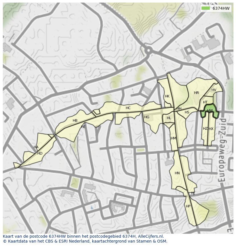 Afbeelding van het postcodegebied 6374 HW op de kaart.