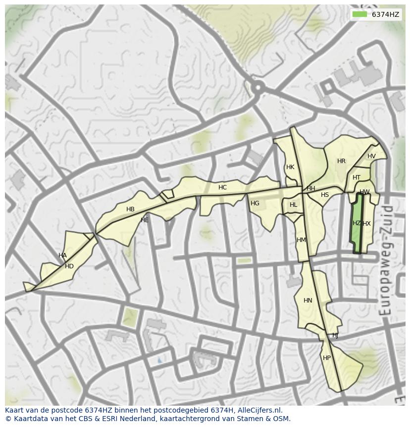 Afbeelding van het postcodegebied 6374 HZ op de kaart.