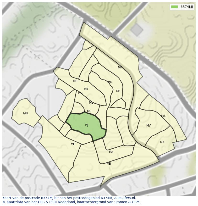 Afbeelding van het postcodegebied 6374 MJ op de kaart.