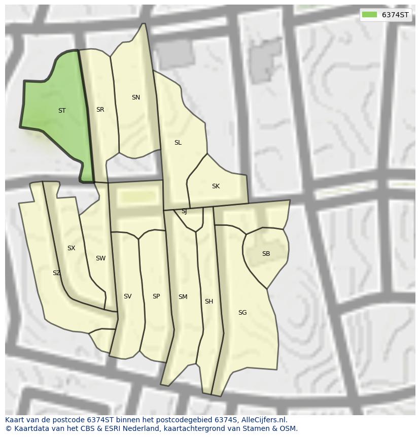 Afbeelding van het postcodegebied 6374 ST op de kaart.