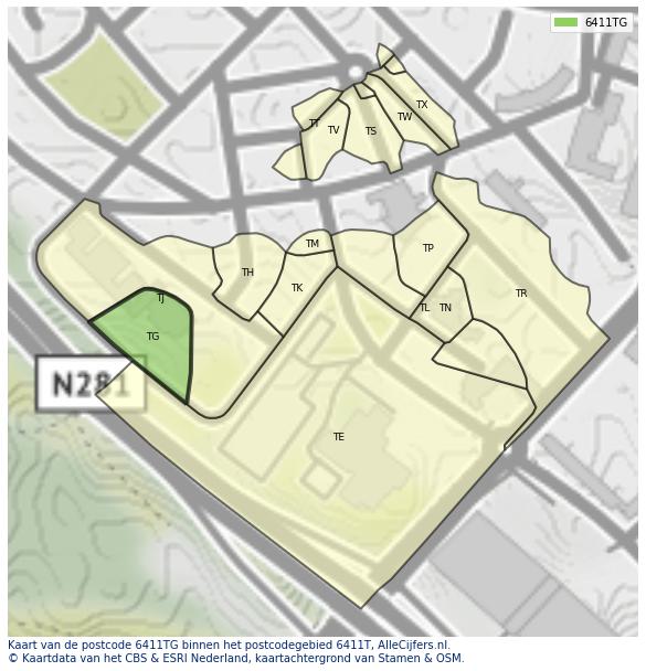Afbeelding van het postcodegebied 6411 TG op de kaart.