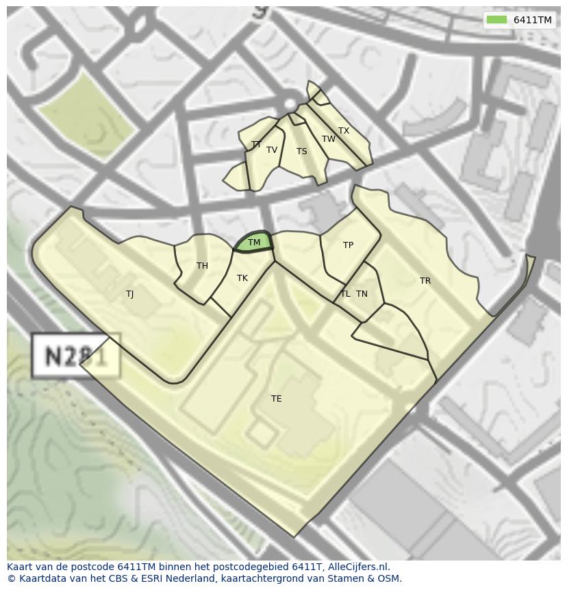 Afbeelding van het postcodegebied 6411 TM op de kaart.