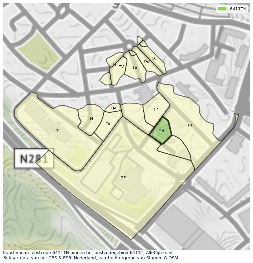 Afbeelding van het postcodegebied 6411 TN op de kaart.