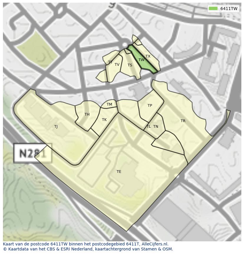 Afbeelding van het postcodegebied 6411 TW op de kaart.