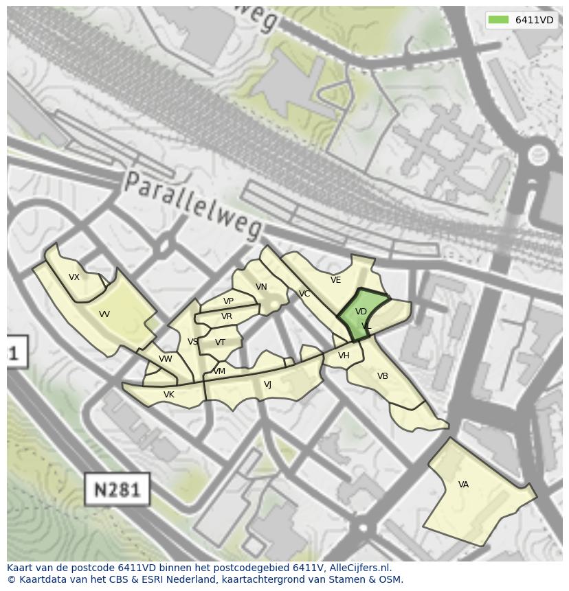 Afbeelding van het postcodegebied 6411 VD op de kaart.