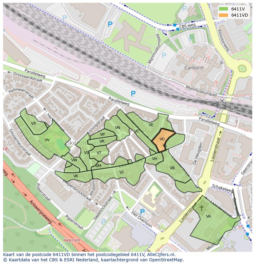 Afbeelding van het postcodegebied 6411 VD op de kaart.