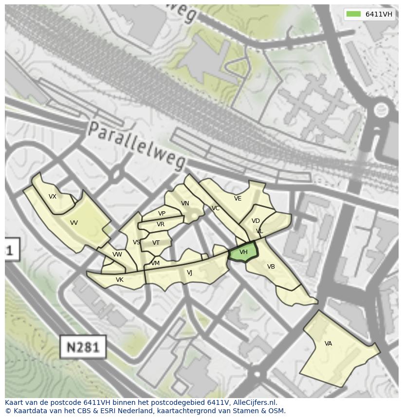 Afbeelding van het postcodegebied 6411 VH op de kaart.