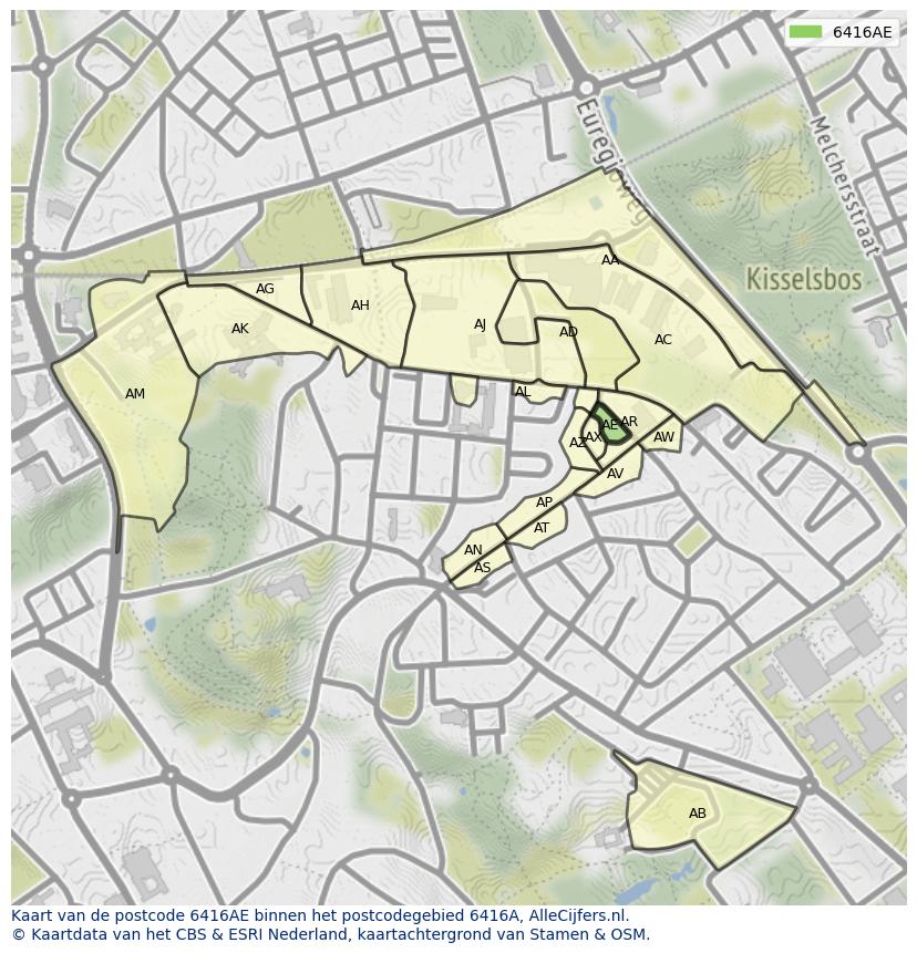 Afbeelding van het postcodegebied 6416 AE op de kaart.