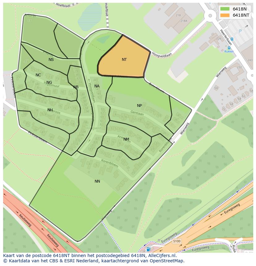 Afbeelding van het postcodegebied 6418 NT op de kaart.