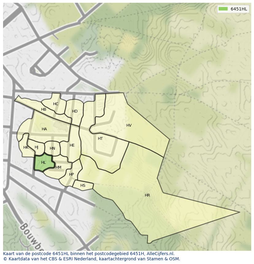 Afbeelding van het postcodegebied 6451 HL op de kaart.