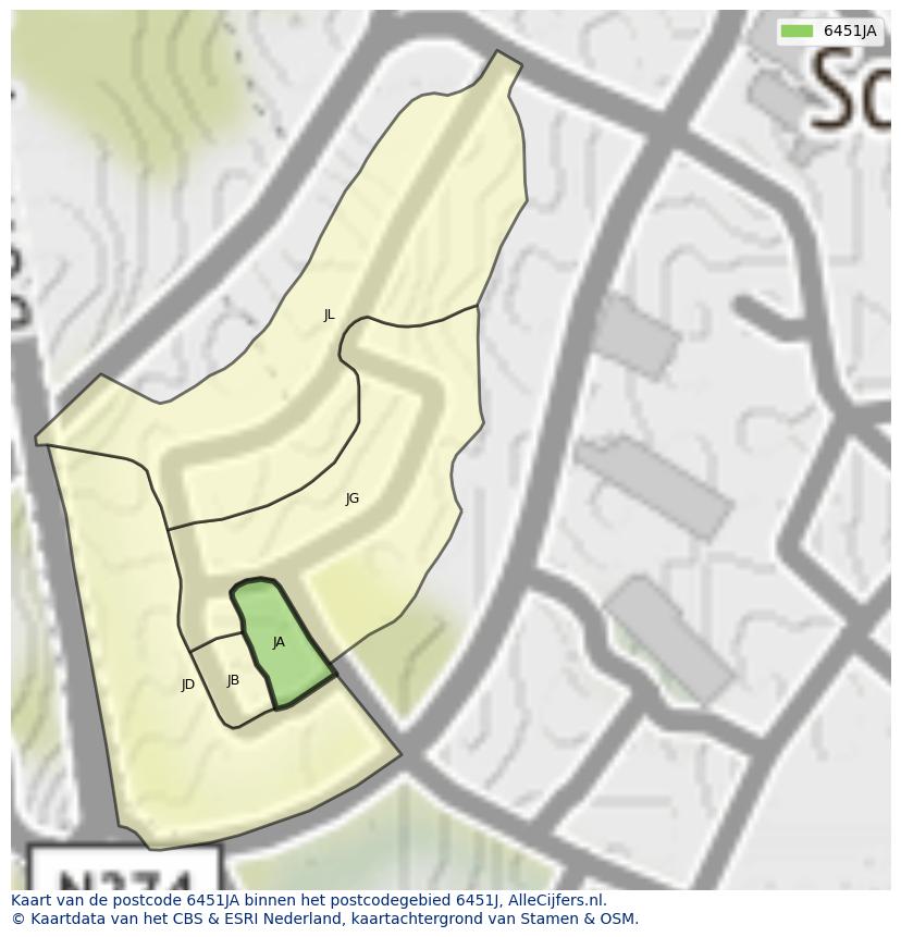 Afbeelding van het postcodegebied 6451 JA op de kaart.