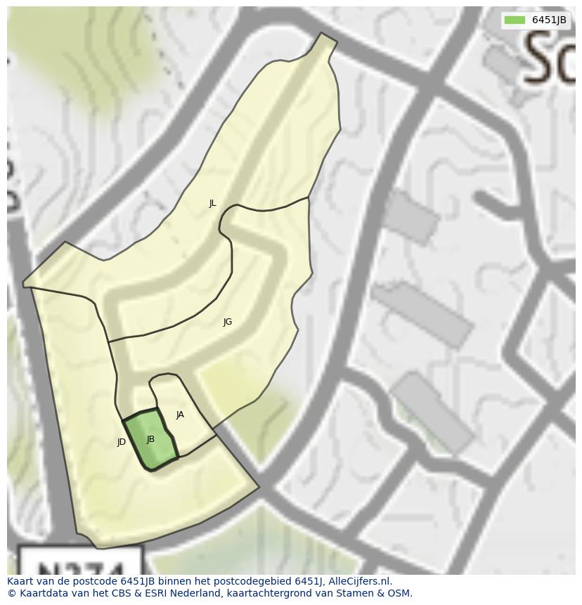Afbeelding van het postcodegebied 6451 JB op de kaart.
