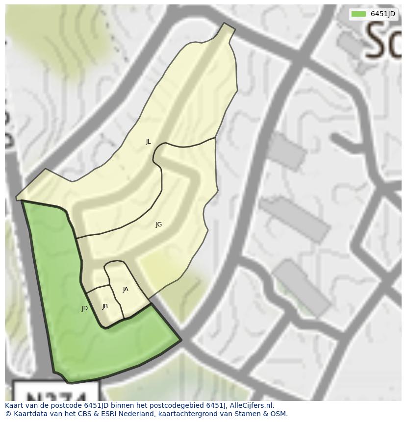 Afbeelding van het postcodegebied 6451 JD op de kaart.
