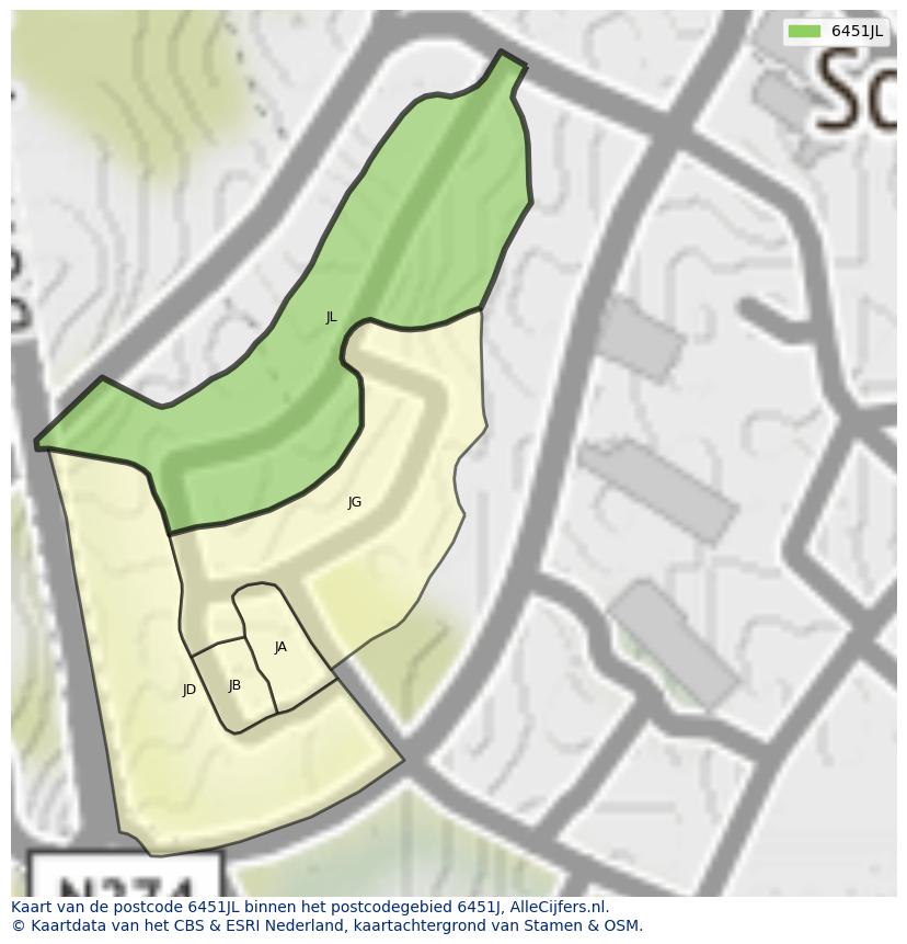 Afbeelding van het postcodegebied 6451 JL op de kaart.