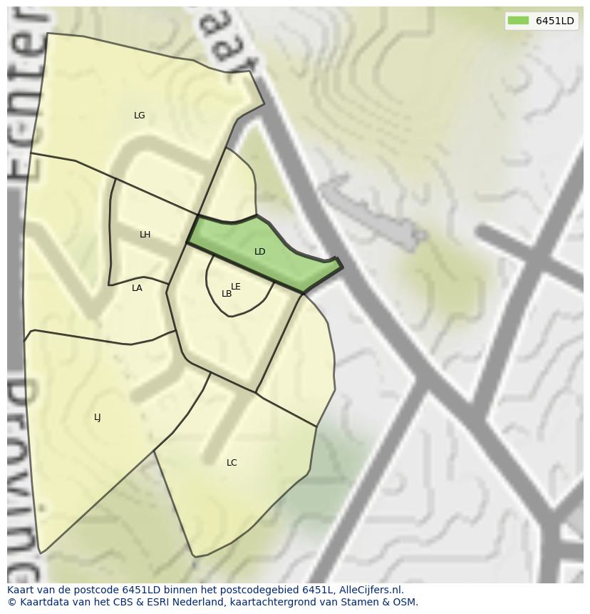 Afbeelding van het postcodegebied 6451 LD op de kaart.