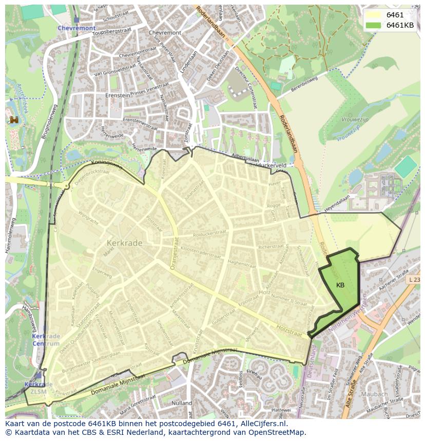 Afbeelding van het postcodegebied 6461 KB op de kaart.