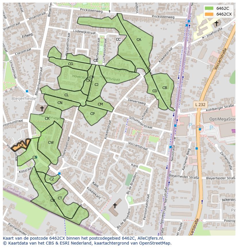 Afbeelding van het postcodegebied 6462 CX op de kaart.