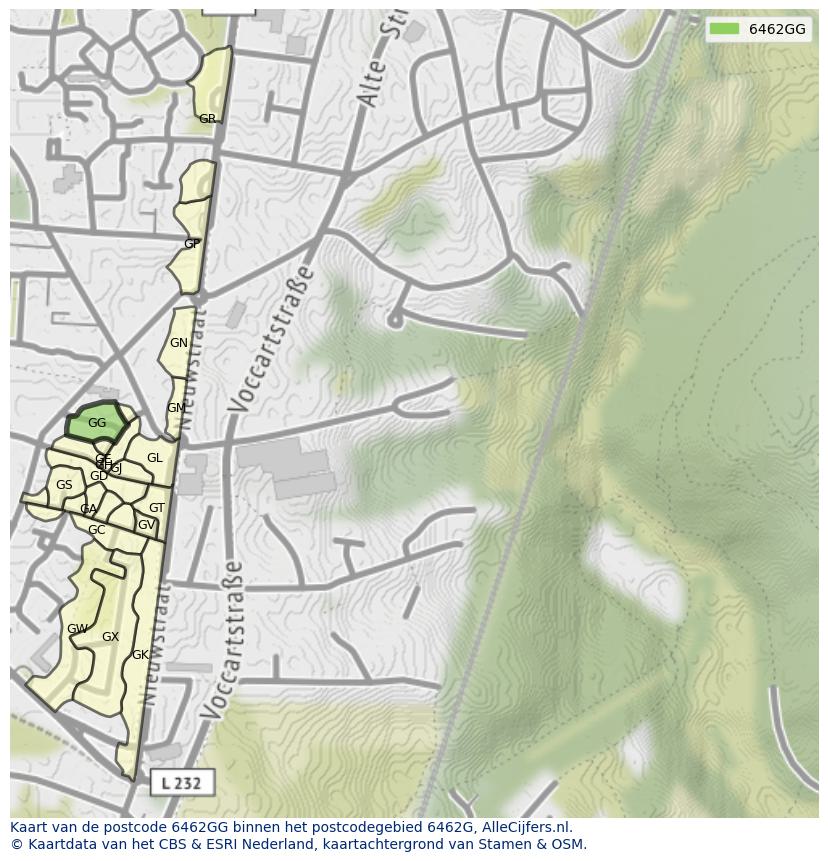 Afbeelding van het postcodegebied 6462 GG op de kaart.