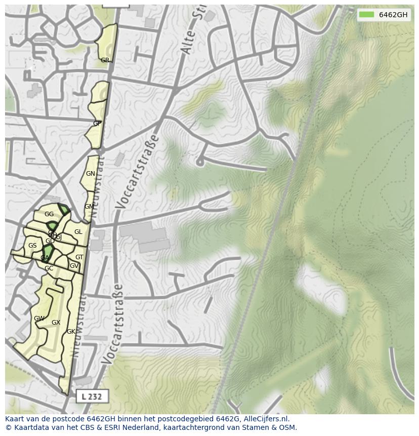 Afbeelding van het postcodegebied 6462 GH op de kaart.
