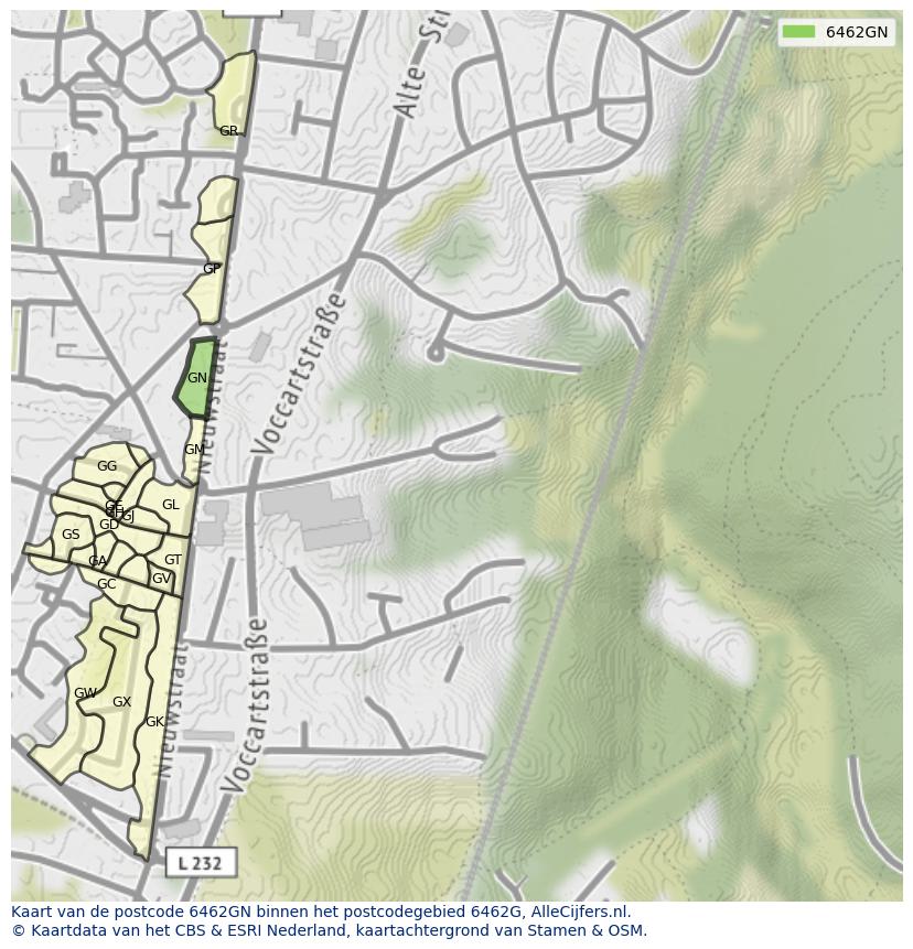 Afbeelding van het postcodegebied 6462 GN op de kaart.