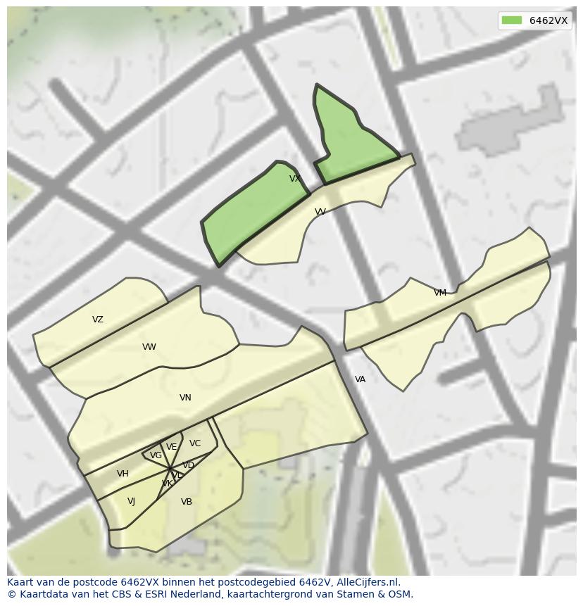 Afbeelding van het postcodegebied 6462 VX op de kaart.