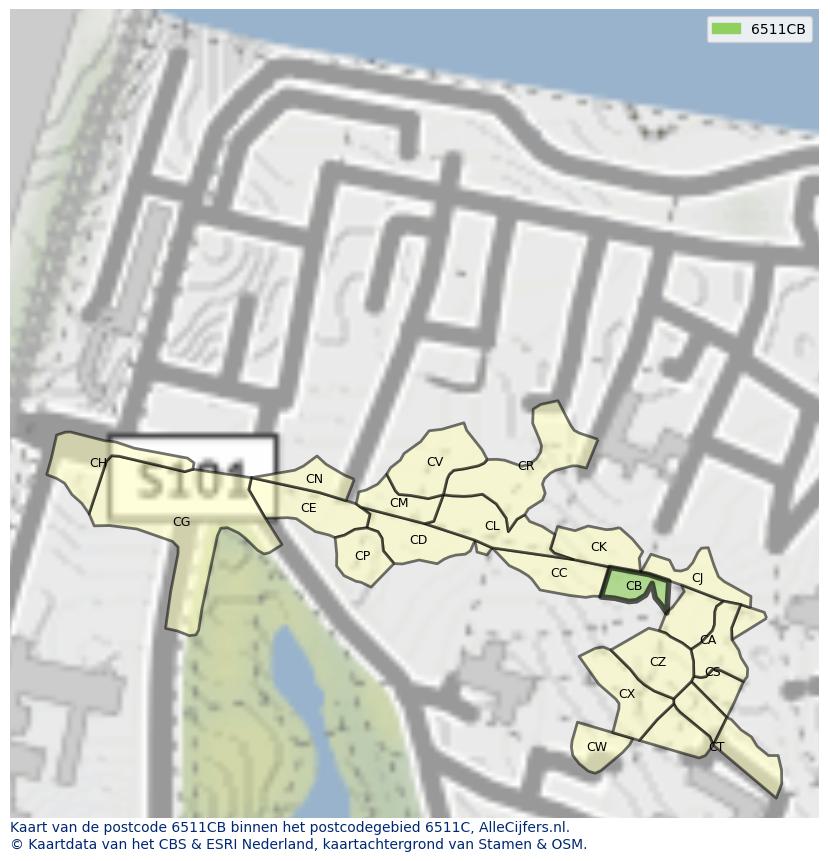 Afbeelding van het postcodegebied 6511 CB op de kaart.
