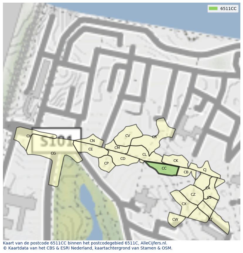 Afbeelding van het postcodegebied 6511 CC op de kaart.