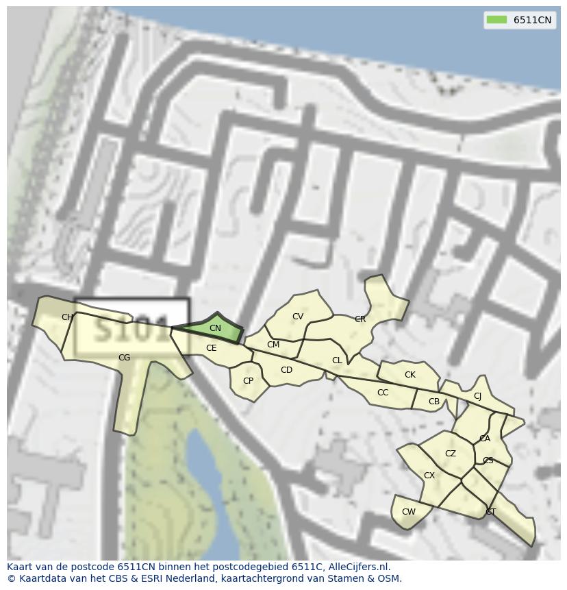 Afbeelding van het postcodegebied 6511 CN op de kaart.