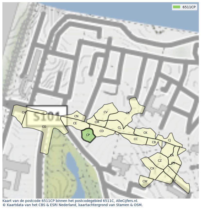 Afbeelding van het postcodegebied 6511 CP op de kaart.