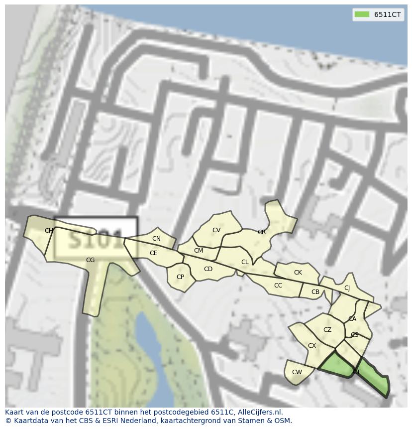 Afbeelding van het postcodegebied 6511 CT op de kaart.