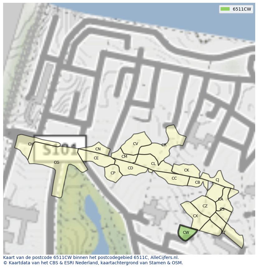 Afbeelding van het postcodegebied 6511 CW op de kaart.